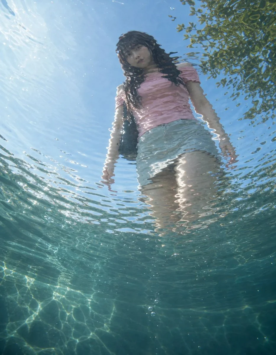 An underwater transformation scene viewed from below the surface, with refracted light, distorted silhouettes, and cinematic water texture