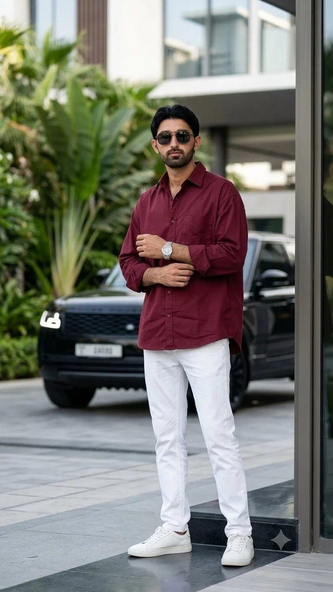 A cinematic urban fashion portrait beside a modern building entrance with oversized clothing and realistic street styling