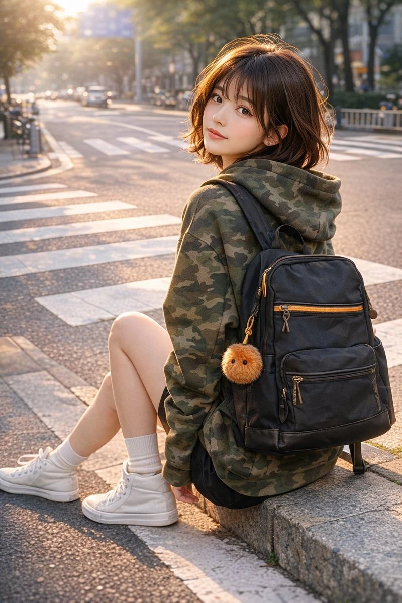 A young woman with shoulder-length brown hair sits on a city street, wearing a camouflage hoodie and black shorts, as warm sunlight creates a soft glow around her
