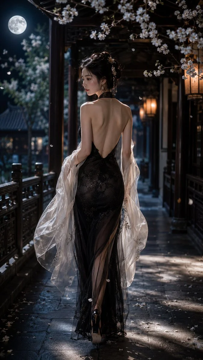 中式深V礼服月下回眸 portrait GPT Image 2 prompt example