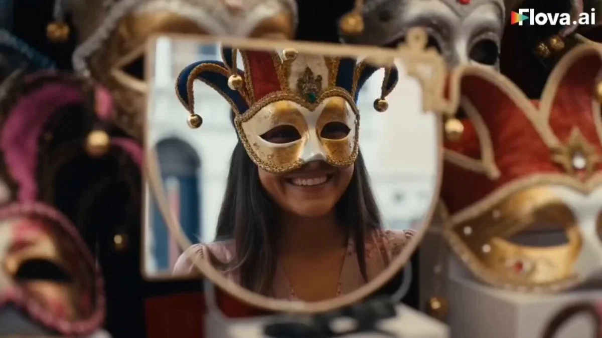 GPT Image 2 prompt example showing a travel vlogger collage in Venice with carnival mask reflections