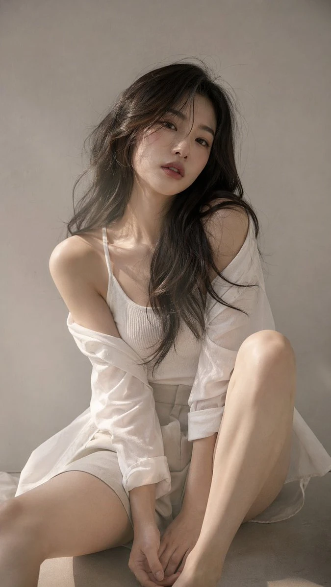 A young Eastern woman poses gracefully in a minimalistic setting, showcasing soft lighting and natural textures in her relaxed attire