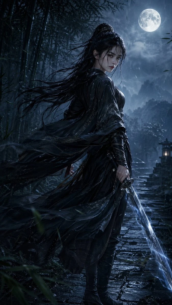 A young, fierce Wuxia heroine with long, wet black hair and a dark outfit stands on a misty stone path under a full moon, wielding a glowing sword