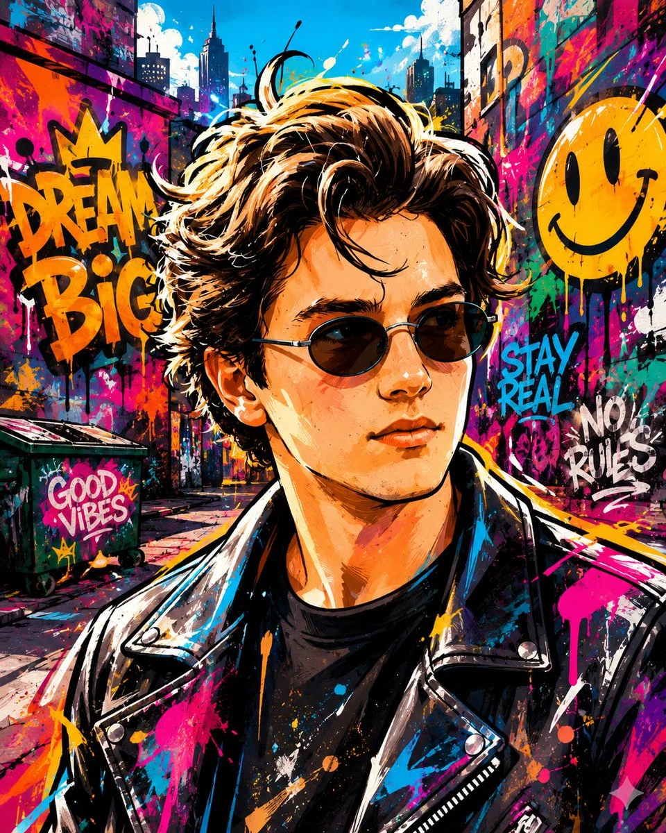 Vibrant street-art transformation portrait set against colorful graffiti, with bold urban styling and energetic color.