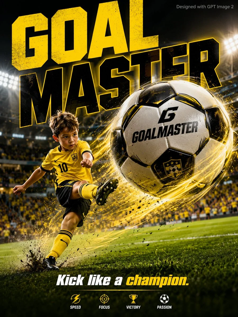A vibrant football advertisement poster with a young player kicking beside a giant ball, explosive color streaks, and sports energy