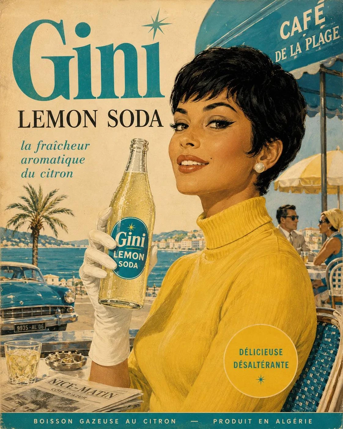 A woman in a yellow turtleneck holds a Gini Lemon Soda bottle with a beachside café in the background.
