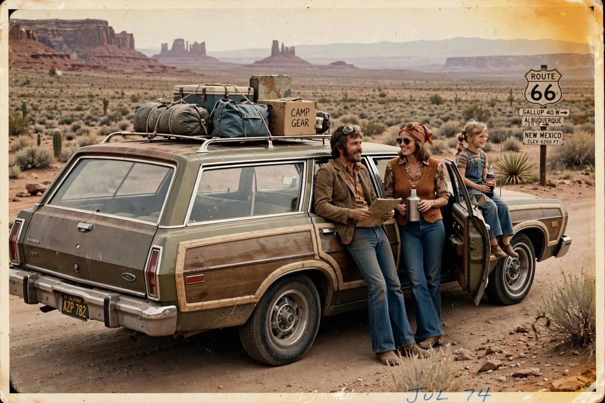 Vintage 1970s road trip photograph of an American Southwest drive