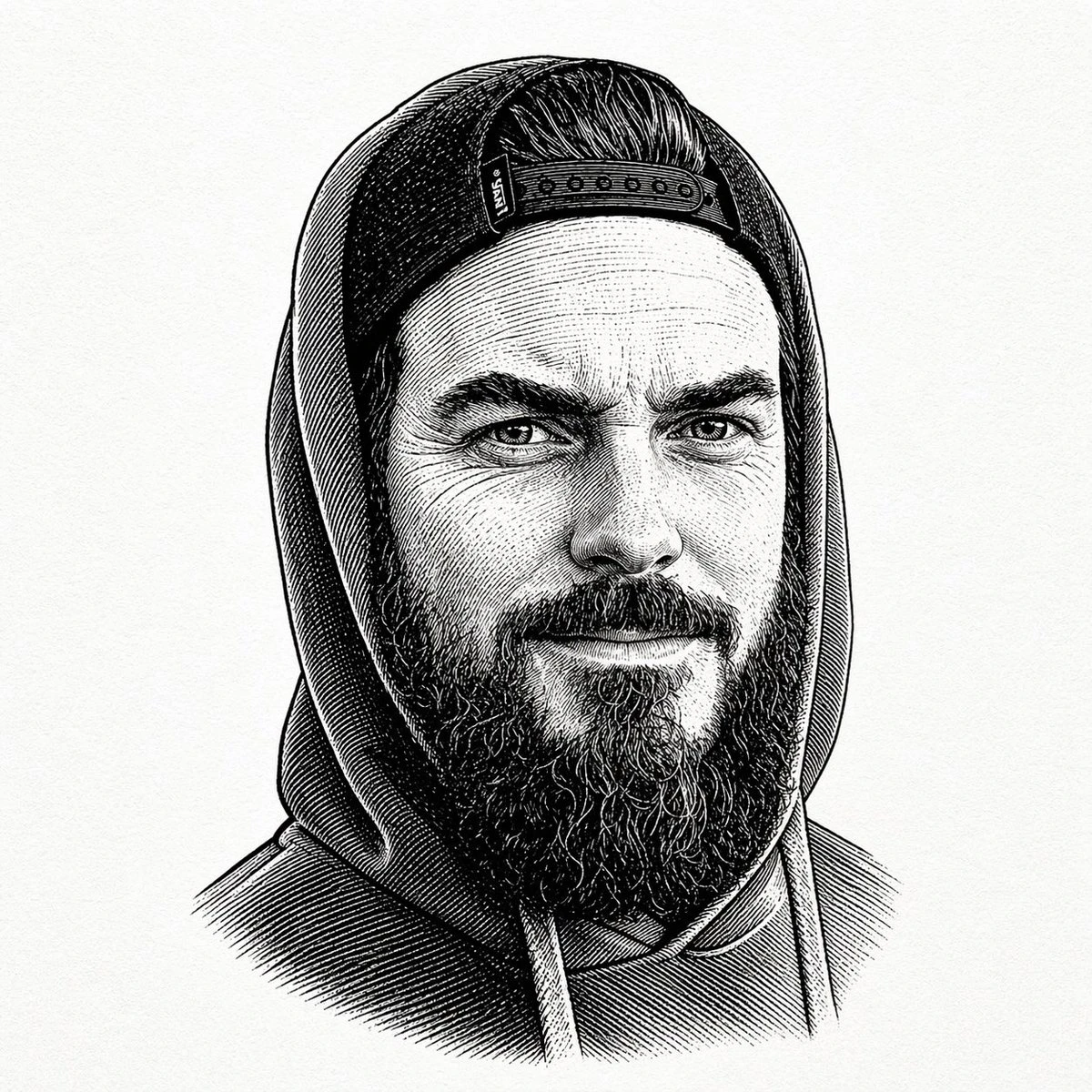 A vintage engraved portrait features a bearded man in a hooded sweatshirt and backward snapback cap, set against a textured off-white background