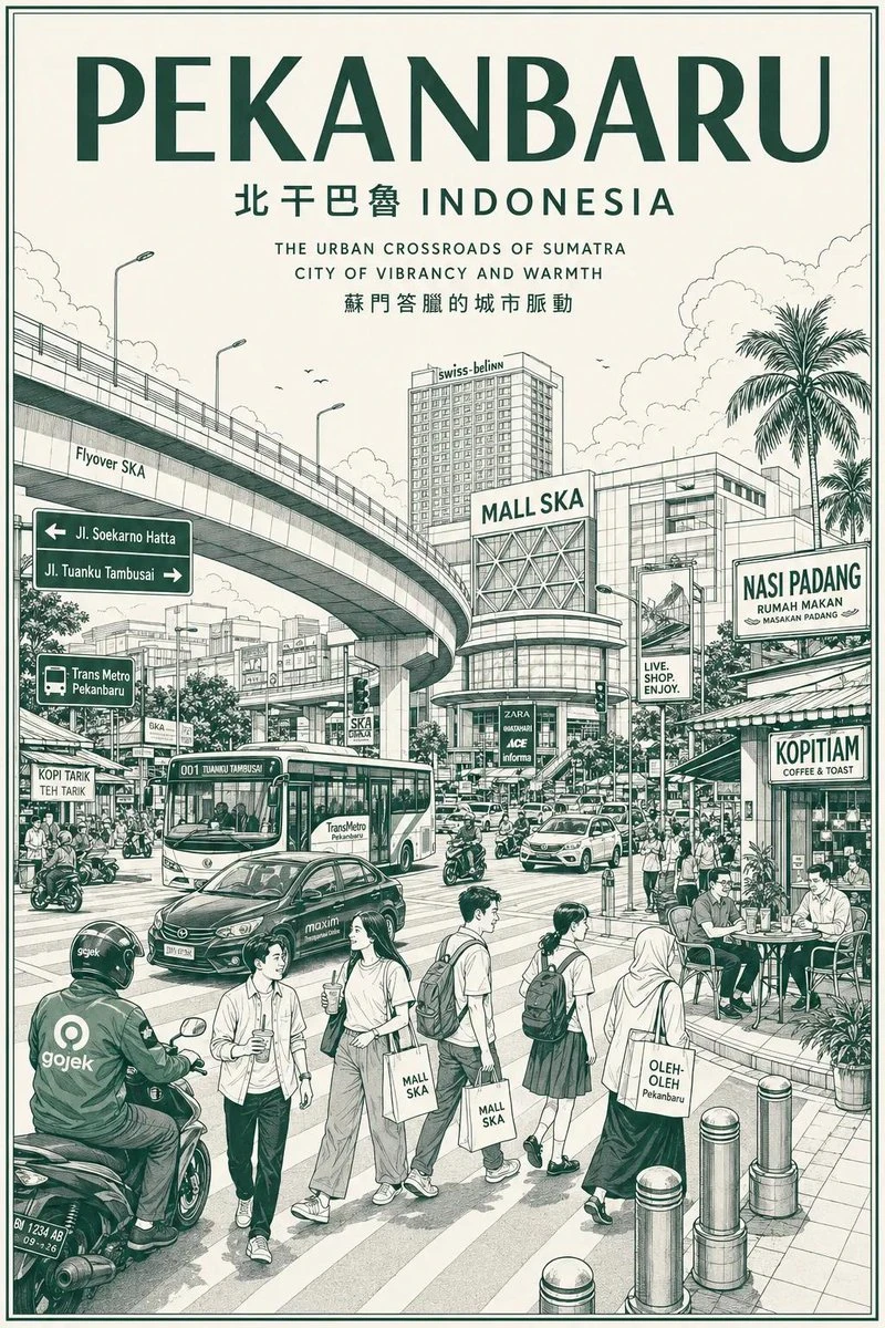 Detailed urban sketch of Pekanbaru, featuring busy street life, flyovers, and cafes in a minimalist green-and-cream color palette