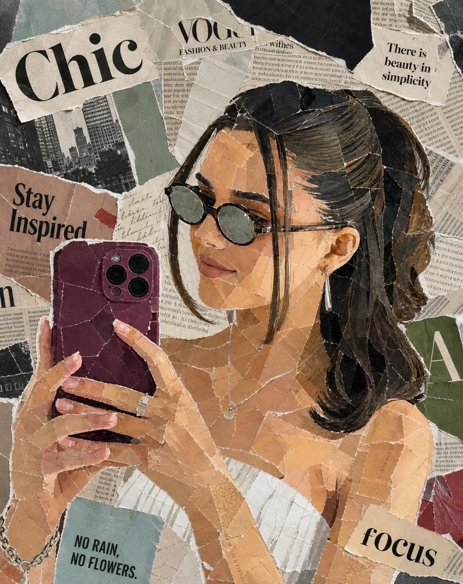 A stylish woman with black sunglasses and a sleek ponytail takes a mirror selfie, surrounded by torn magazine clippings in neutral tones