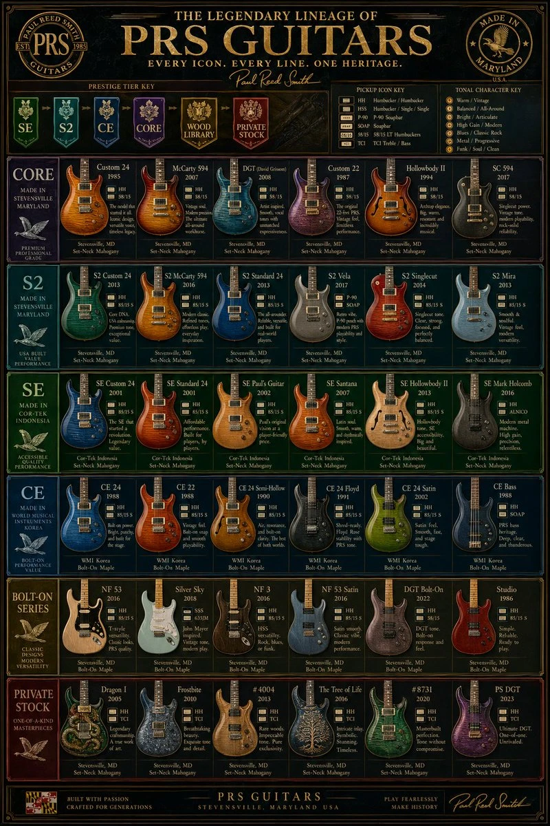 The PRS Guitar Lineage poster features an ornate, vertically oriented chart showcasing various PRS electric guitar models with gold-foil typography and a dark, glossy background