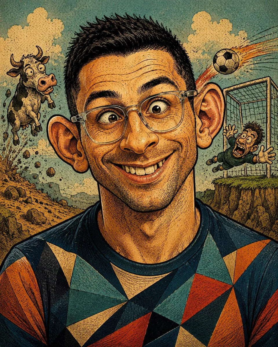 Vintage satirical magazine caricature portrait with exaggerated features, halftone dots, crosshatching, and retro print texture