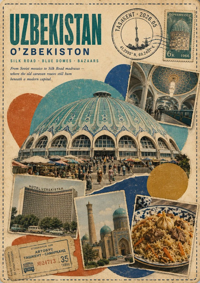A vintage travel collage poster featuring Uzbekistan, showcasing iconic blue domes, bustling bazaars, and cultural highlights