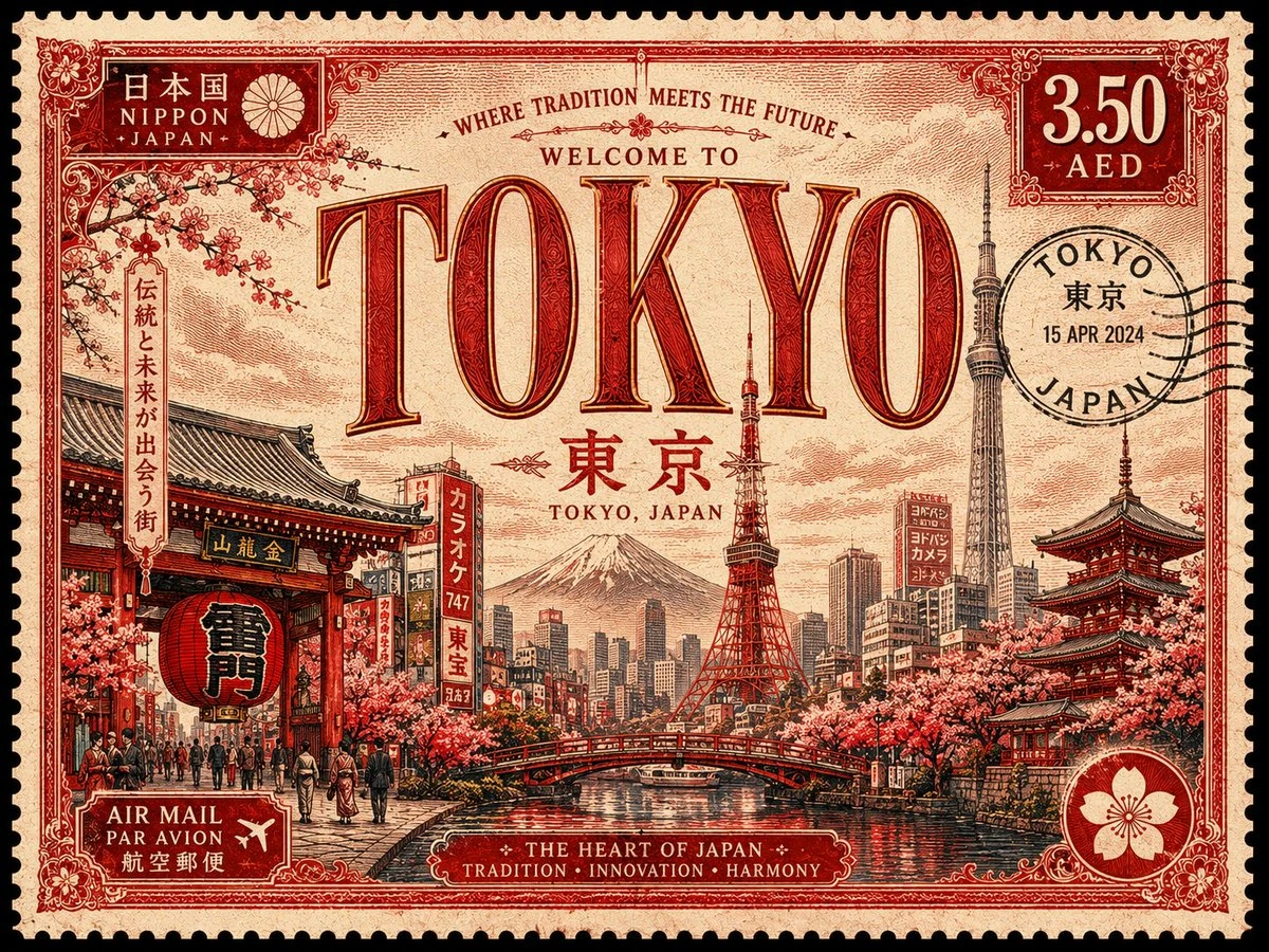 Vintage postage stamp showcasing Tokyo with intricate illustrations of iconic landmarks, cherry blossoms, and art deco typography