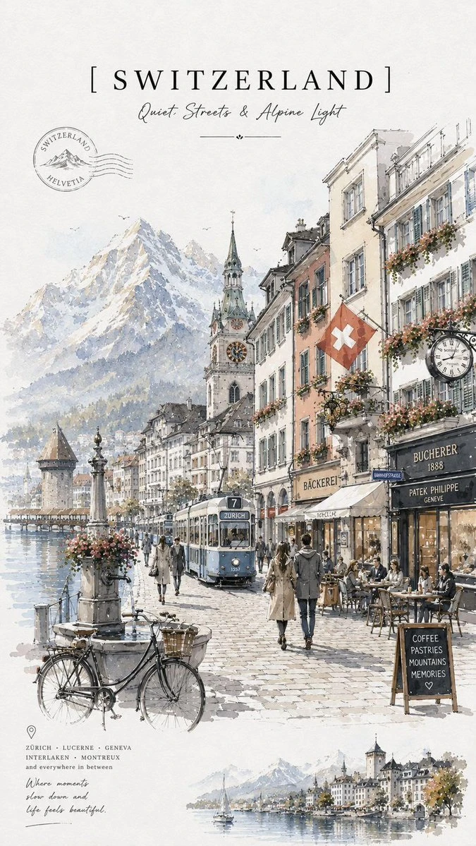 A hand-painted watercolor travel poster depicts a charming Swiss street scene with a tram, café storefronts, and mountains in the background