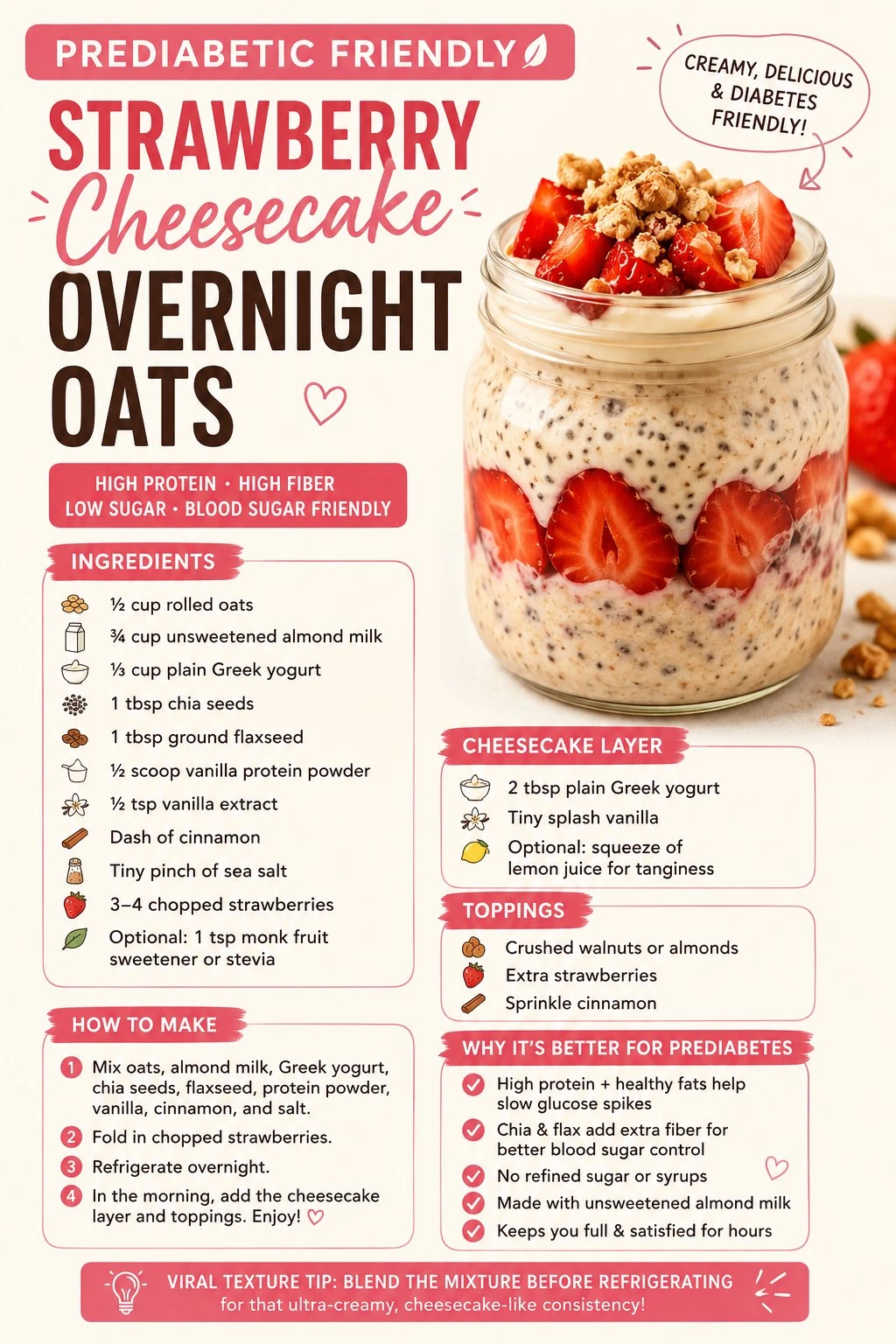 A mason jar of strawberry cheesecake overnight oats shows chia layers, strawberries, cream, and a soft pink backdrop
