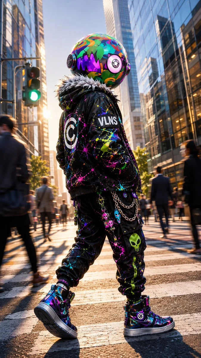 Alien streetwear character with a graffiti-patterned orb head crossing a city street at golden hour