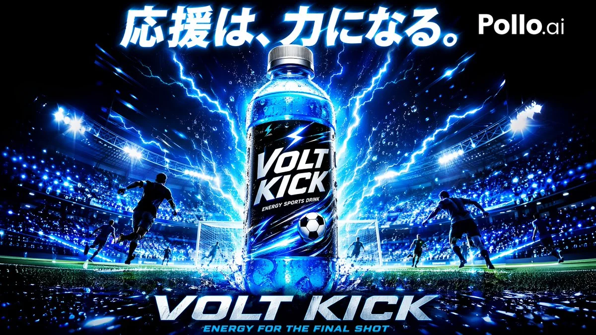 Electric-blue soccer stadium ad poster with a glowing Volt Kick sports drink bottle, player silhouettes, lightning, and wet turf reflections