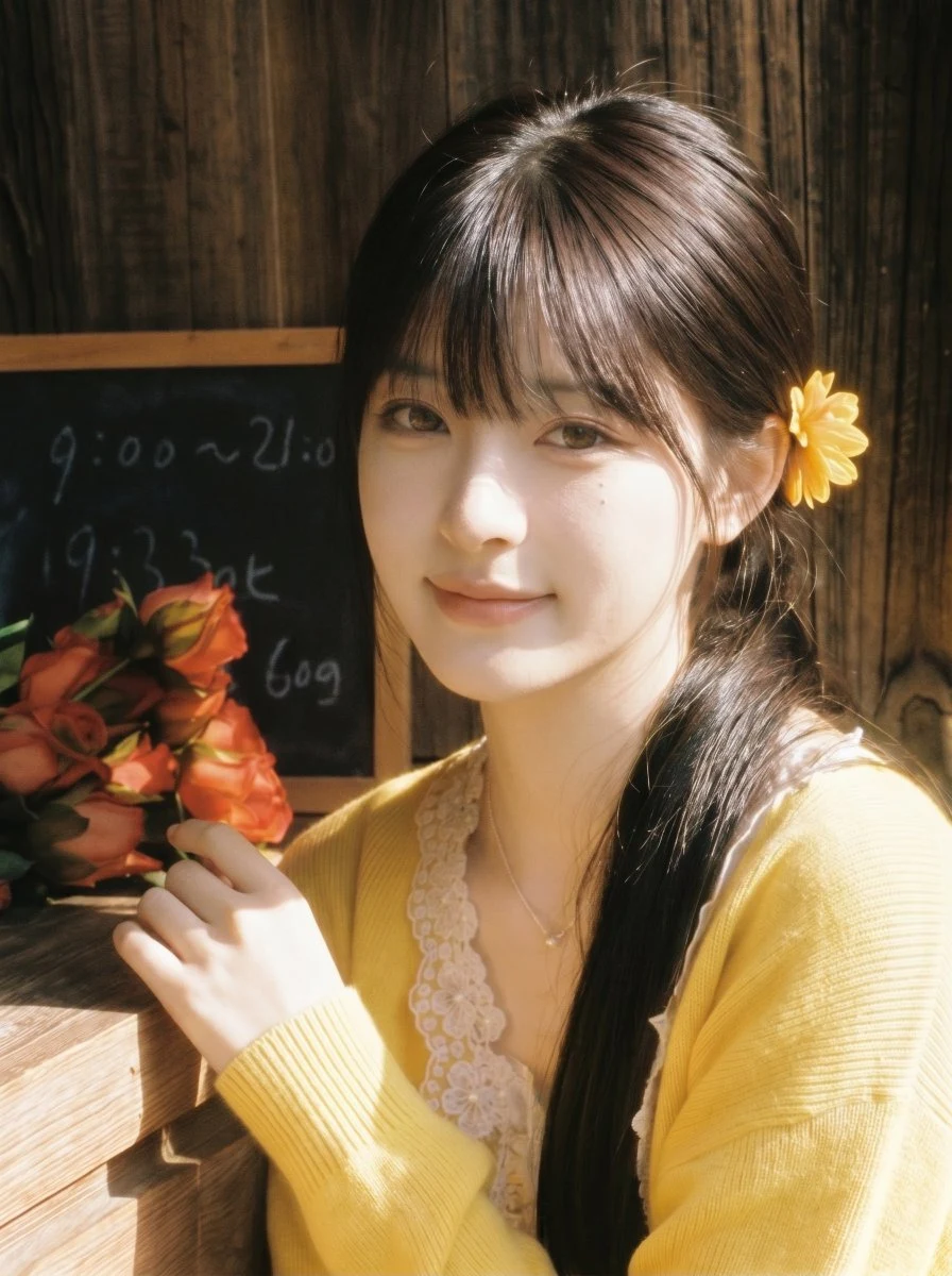 Warm portrait inside a Japanese flower shop, surrounded by soft florals, cozy light, and gentle lifestyle detail.