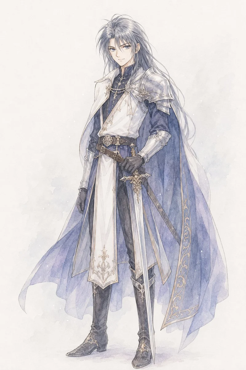 Watercolor fantasy knight redesign based on a character sketch, with expressive paint texture and refined armor details