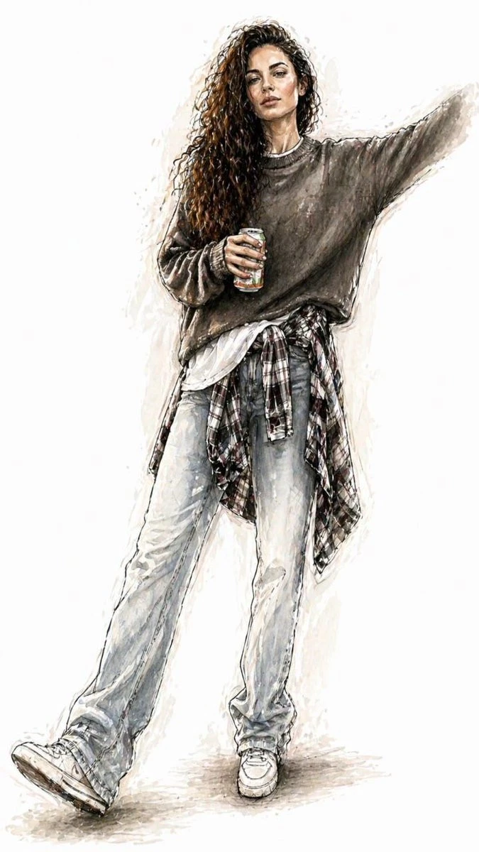 A full-body watercolor fashion illustration depicts a woman in a relaxed outfit, featuring a cozy sweater, plaid shirt, and jeans, set against a light background