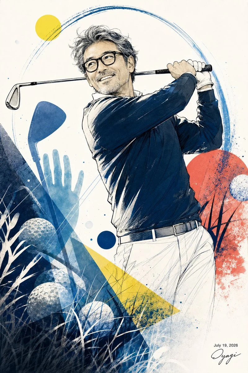 Watercolor Golfer Follow-Through ad creative visual