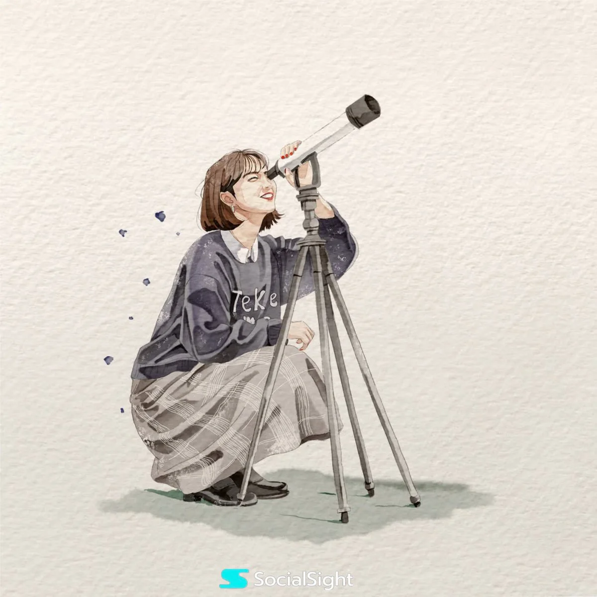 A cheerful young woman with a short brown bob crouches beside a telescope, gazing at the sky in a minimalist watercolor illustration.