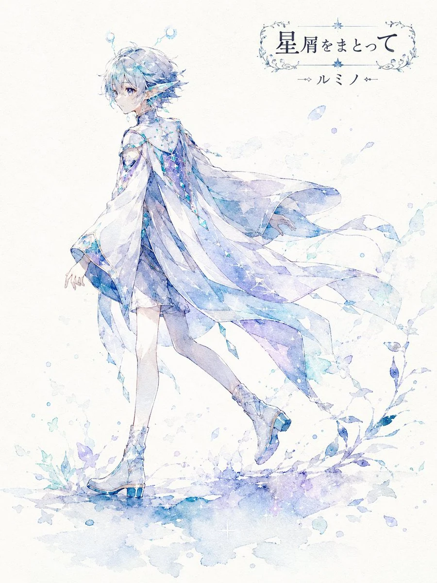 Soft watercolor character silhouette on off-white paper with delicate bleeding color and wide negative space