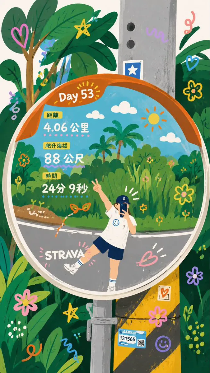 Whimsical illustrated traffic mirror selfie with travel journal doodles and fitness stats
