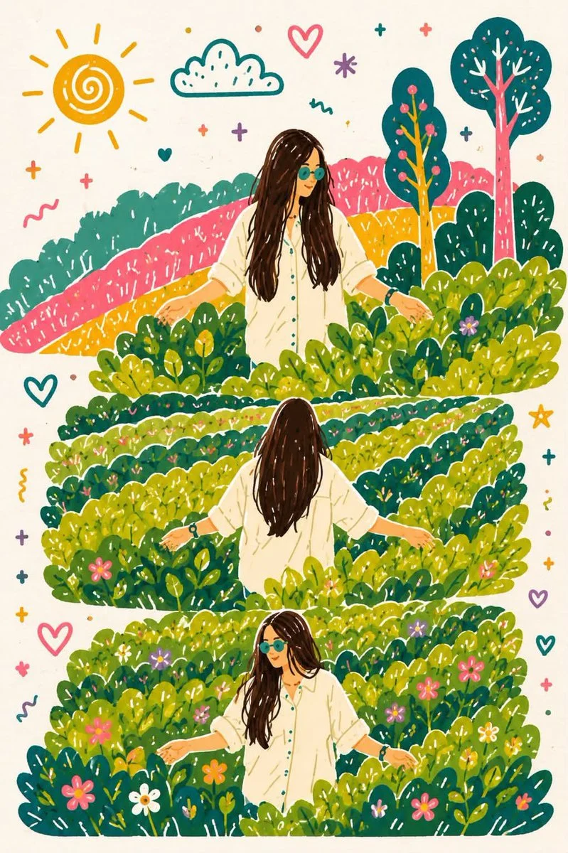 A whimsical hand-painted travel collage based on three candid photos, with storybook scenery, soft colors, and vertical framing
