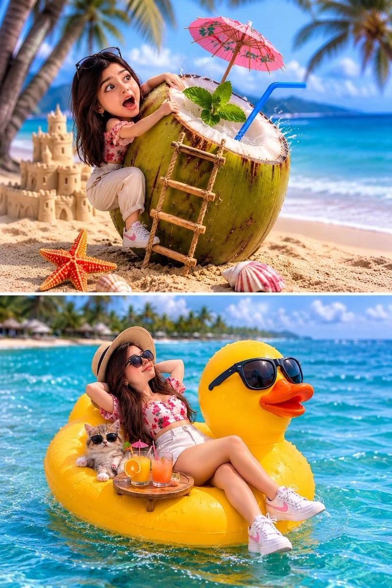 Whimsical Tropical Split-Screen Vacation with polished social media composition, clear subject focus and share-ready visual styling