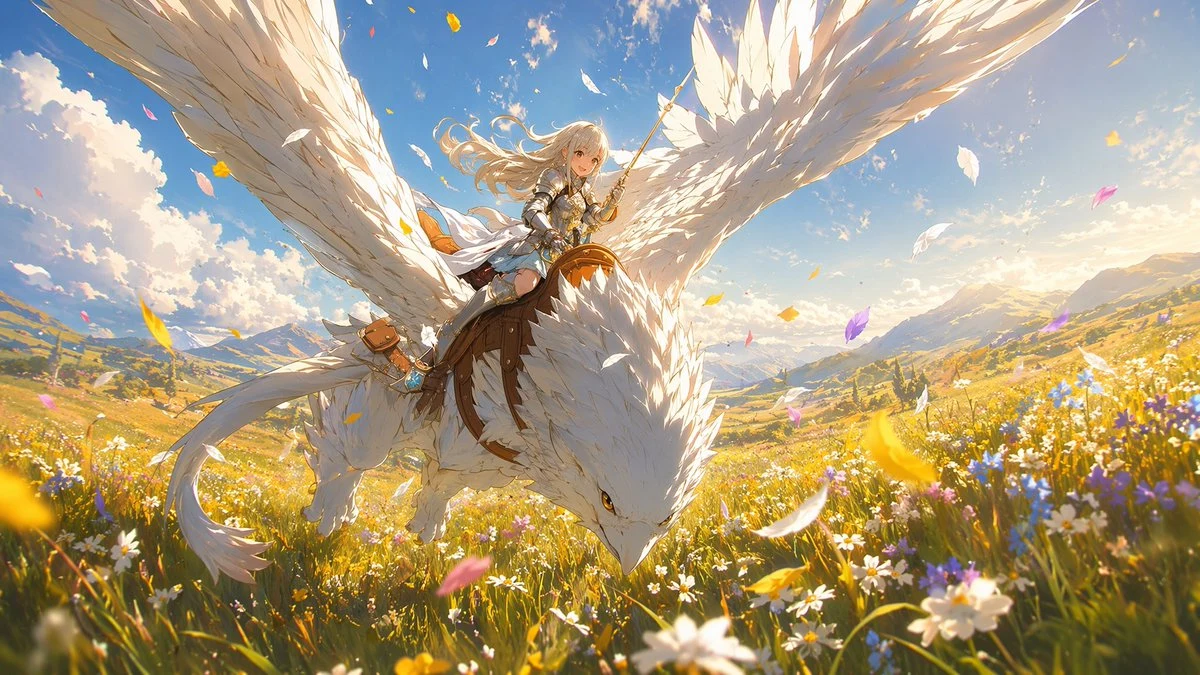 White-Haired Griffin Rider Meadow Flight storyboard visual