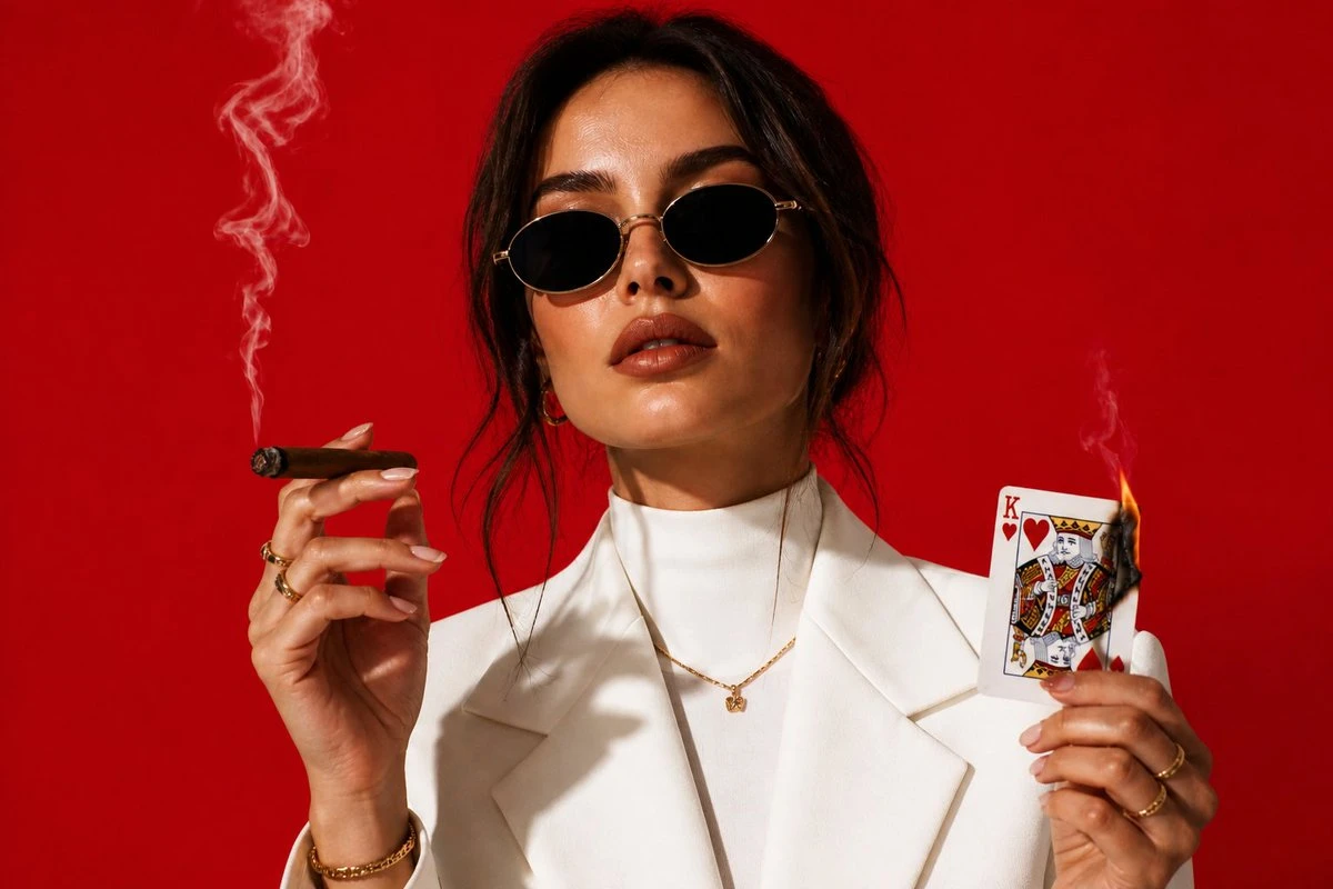 A stylish woman in a tailored white suit holds a lit King of Hearts card and a cigar against a vibrant red backdrop, exuding confidence