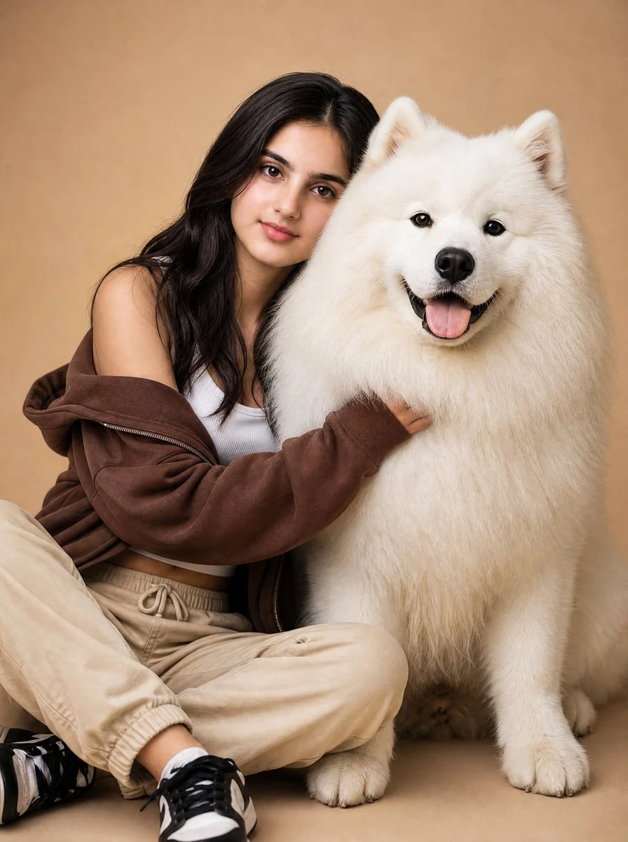 Wholesome Girl and Samoyed Friendship Portrait with expressive portrait styling, crisp facial detail and profile-ready composition