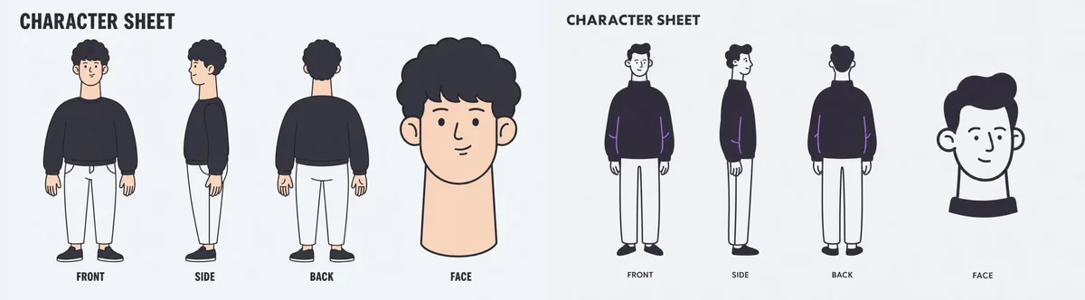 Wide Minimal Character Sheet with sequential panels, clear scene planning and cinematic visual flow