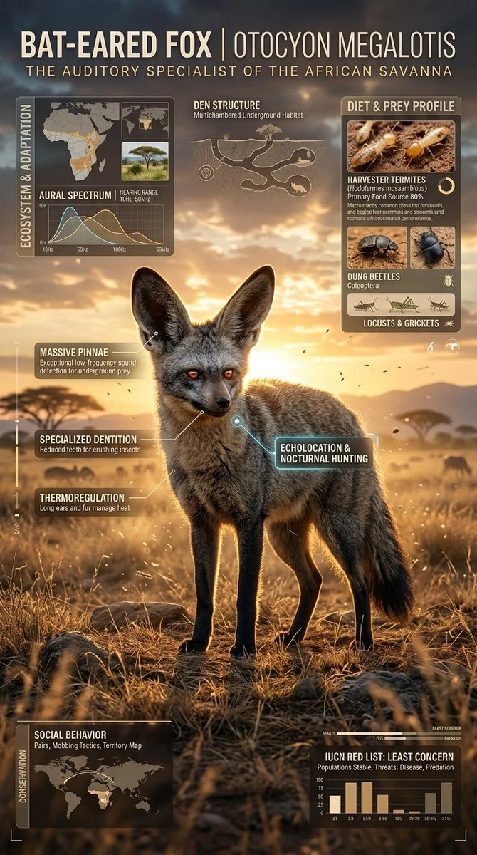 A bat-eared fox stands prominently in the African savanna, surrounded by detailed infographic elements illustrating its anatomy, diet, and conservation status