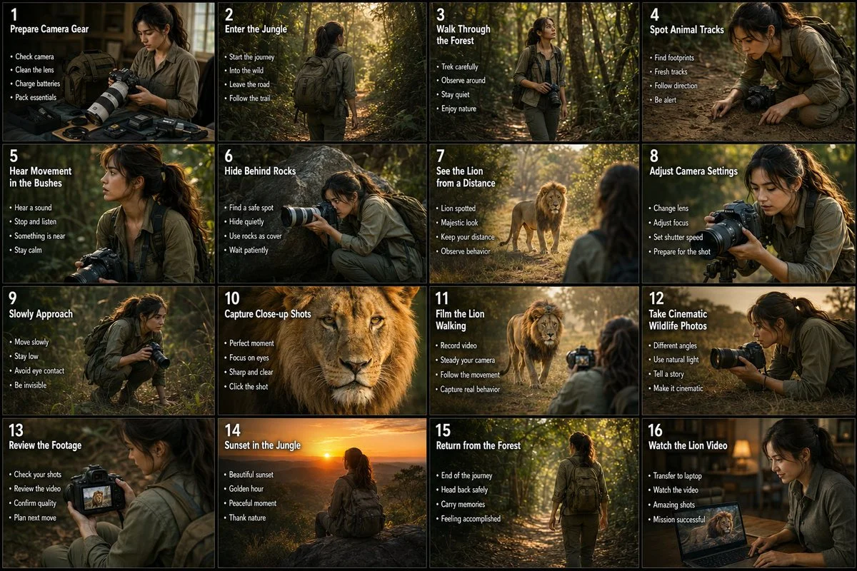 Wildlife Photographer 16-Panel Storyboard poster GPT Image 2 prompt example