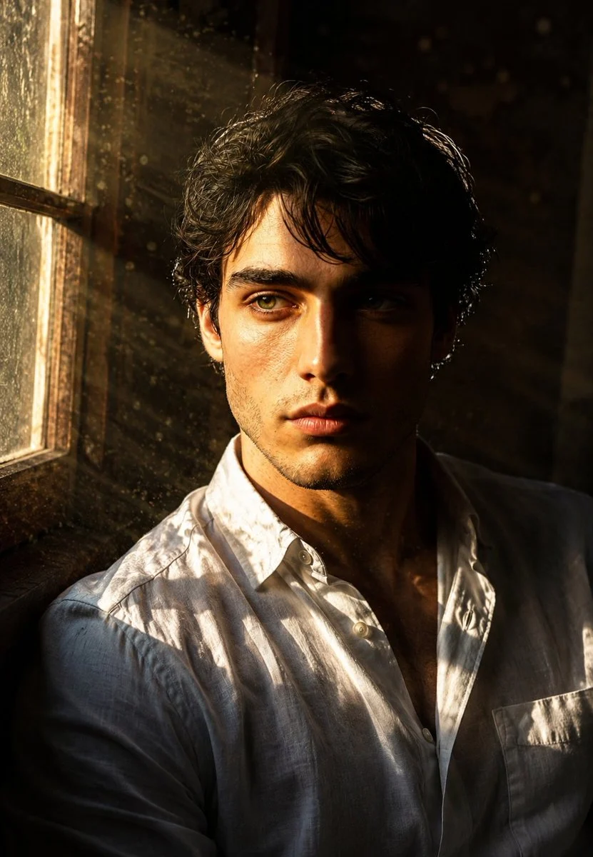 A man in a white linen shirt sits by an old window as golden light beams split his face between light and shadow