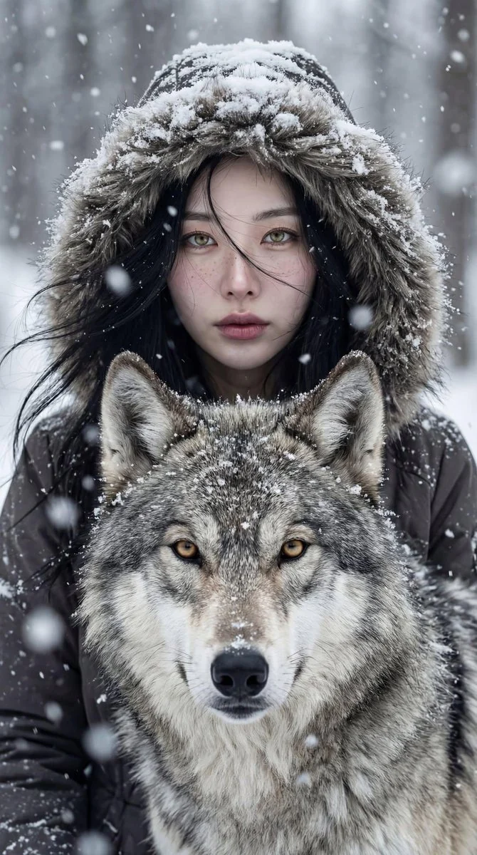 Winter cinematic portrait featuring a person beside a wolf in snowy atmosphere with cool blue lighting and dramatic depth