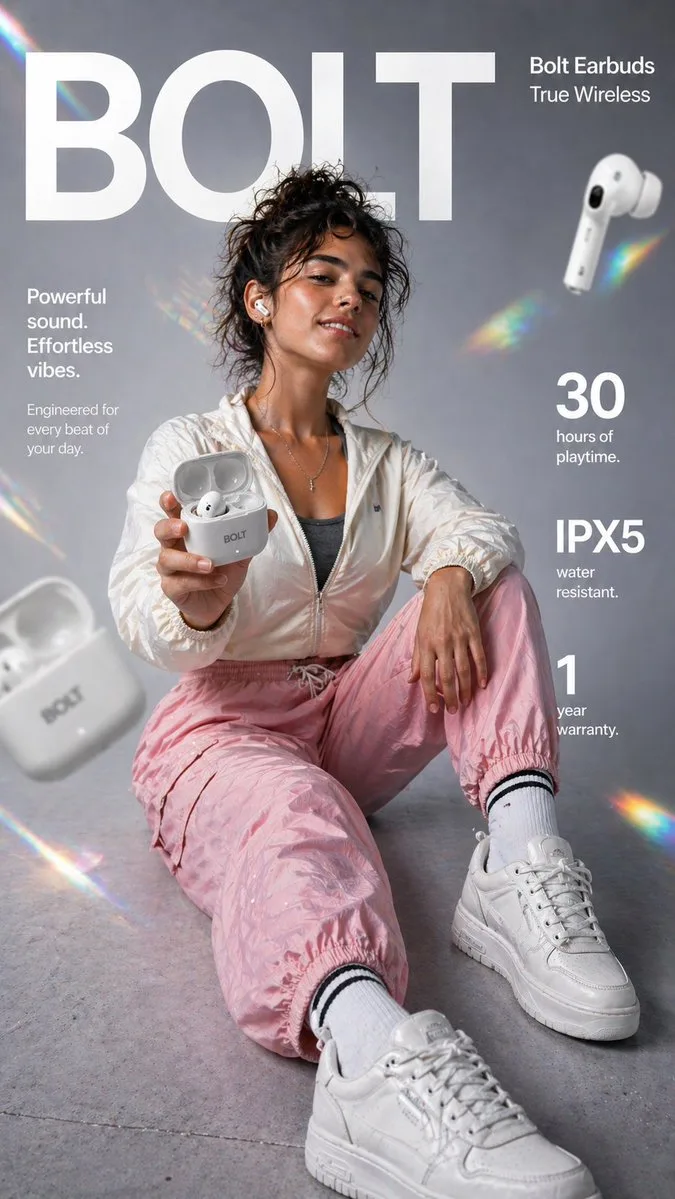 Wireless Earbuds Lifestyle Ad with commercial product staging, campaign-style lighting and polished advertising layout