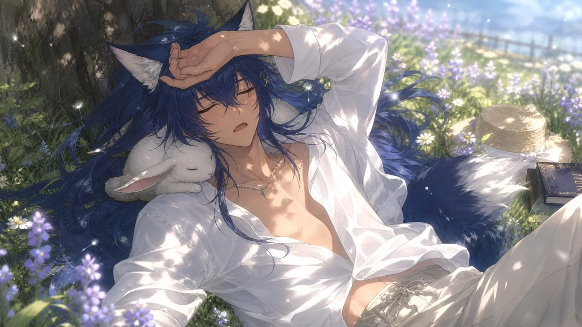 A young wolf-eared man with deep navy blue hair relaxes in a wildflower meadow, shielding his eyes from the sun.