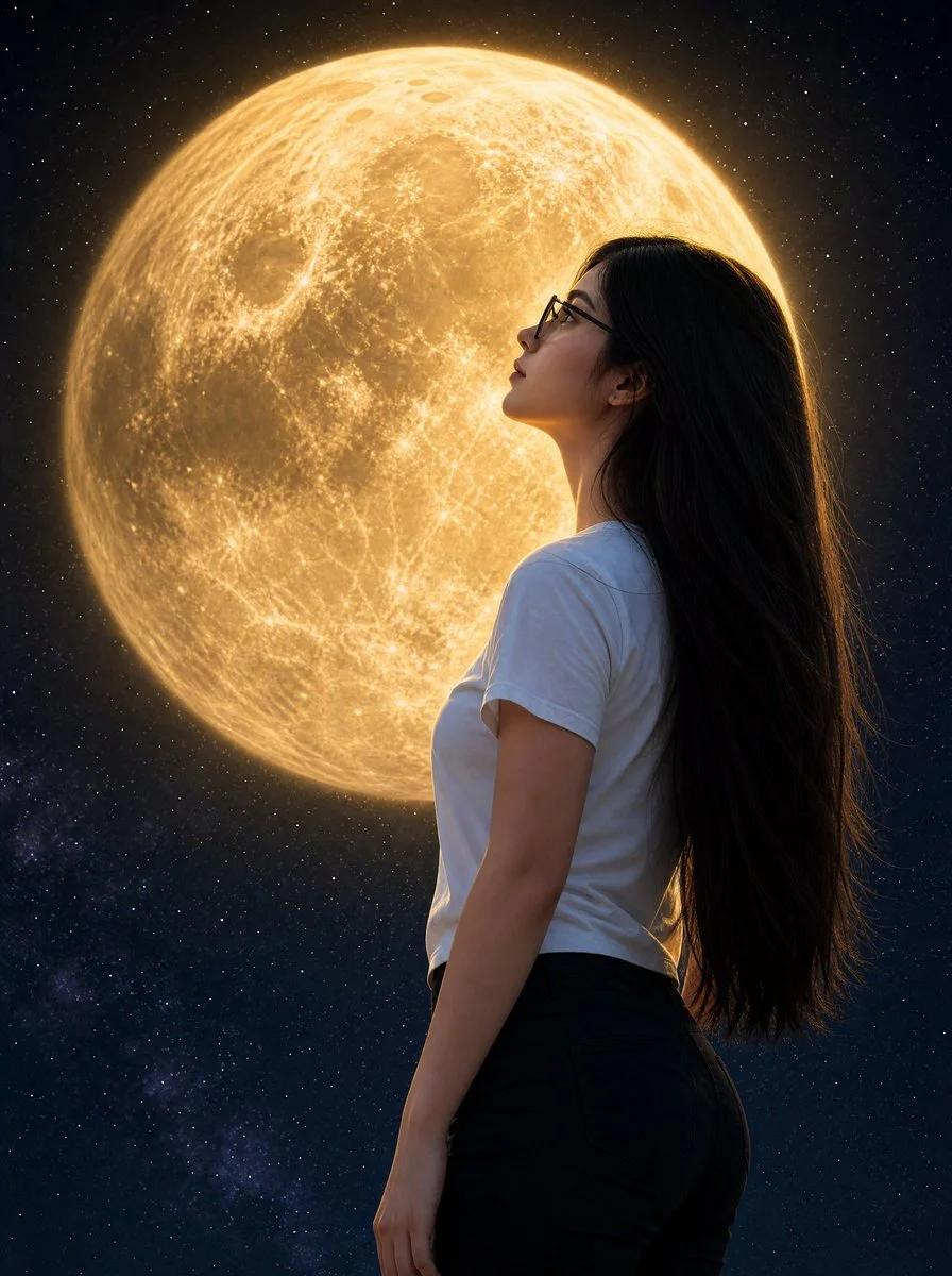 A cinematic photorealistic night portrait of a woman in profile looking up at an enormous glowing full moon
