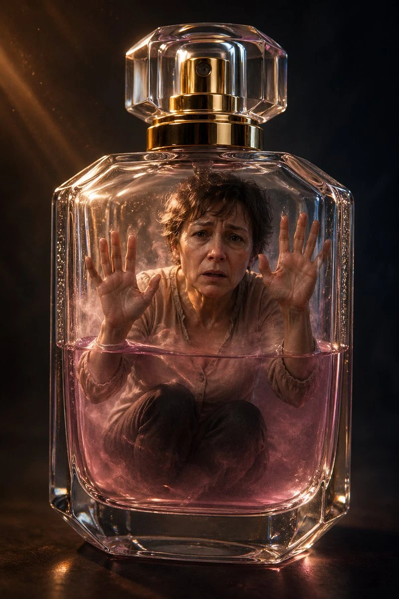 A distressed middle-aged woman is trapped inside a transparent crystal perfume bottle filled with pale pink liquid, her hands pressed against the glass