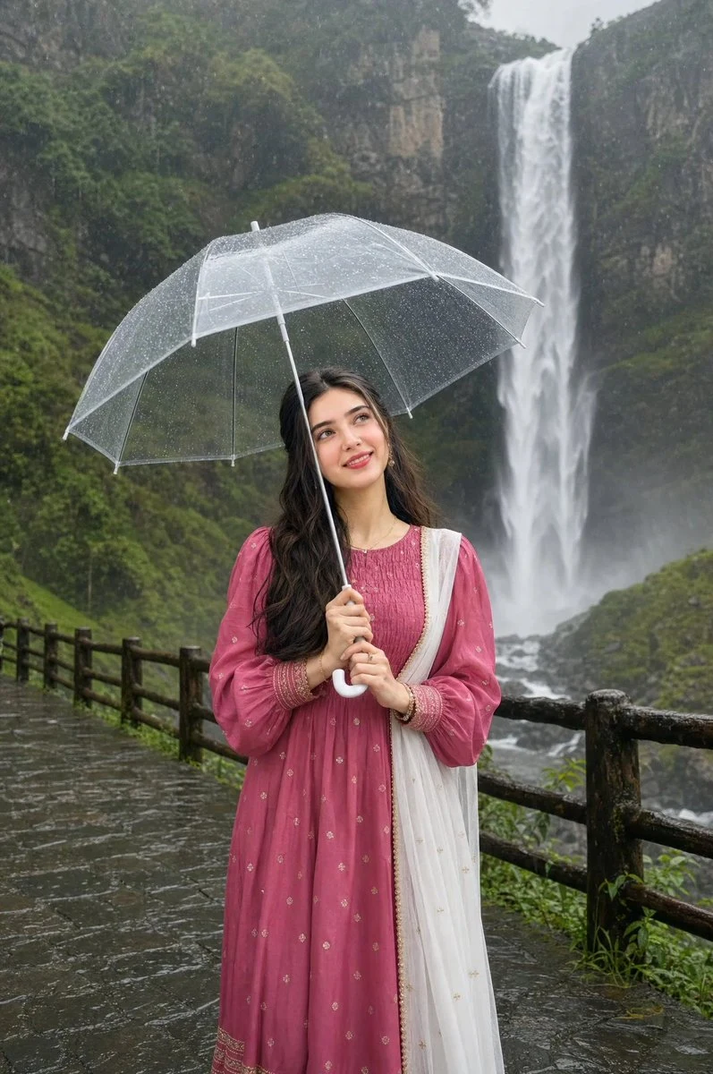 Woman in Pink Lehenga at Waterfall social media visual