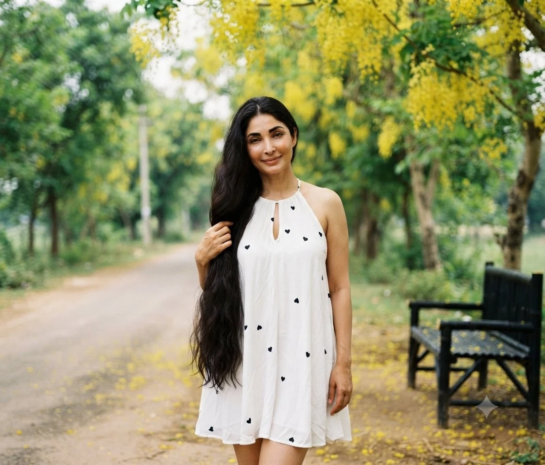 Woman in White Dress on Park Path portrait visual