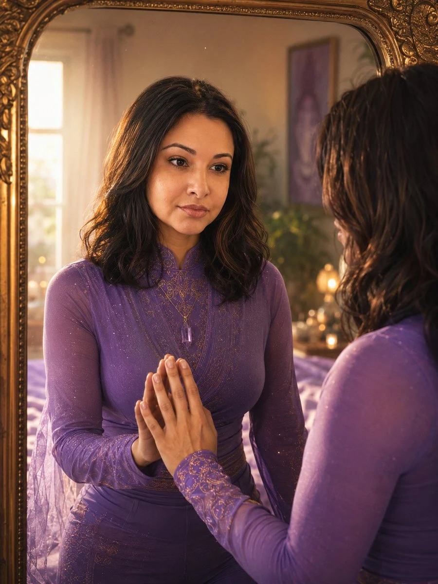 Woman Touching Mirror in Violet Dress: portrait preview with natural styling and soft GPT Image 2 lighting.
