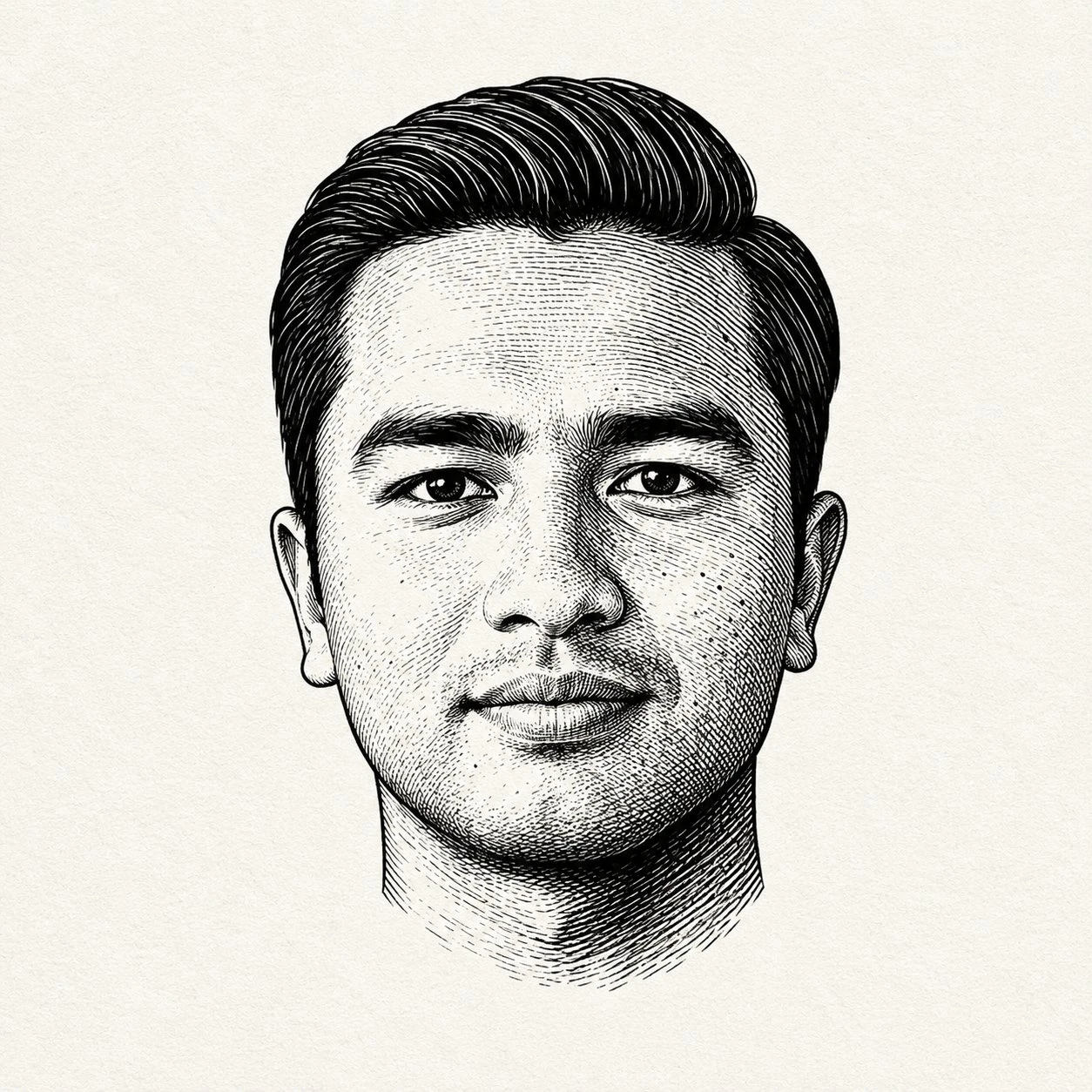 Engraved black and white portrait featuring a young man with detailed linework and strong contrasts on textured off-white paper