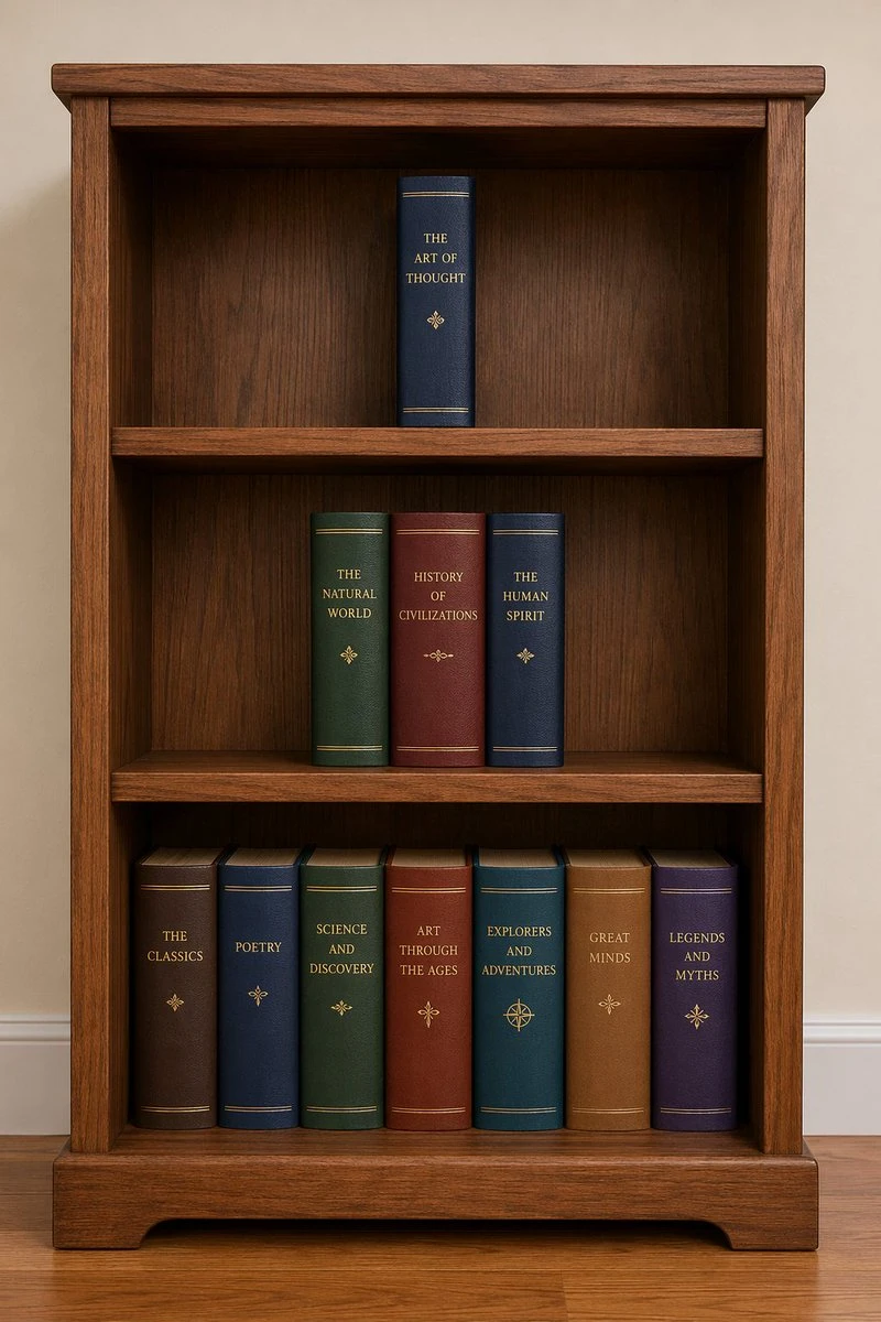 A wooden bookshelf with three shelves displays one book on the top, four on the middle, and seven on the bottom.