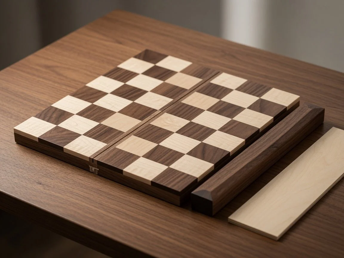 Wooden Travel Chessboard: A photorealistic product shot of a foldable wooden travel chessboard with loose side pieces on a warm walnut tabletop.