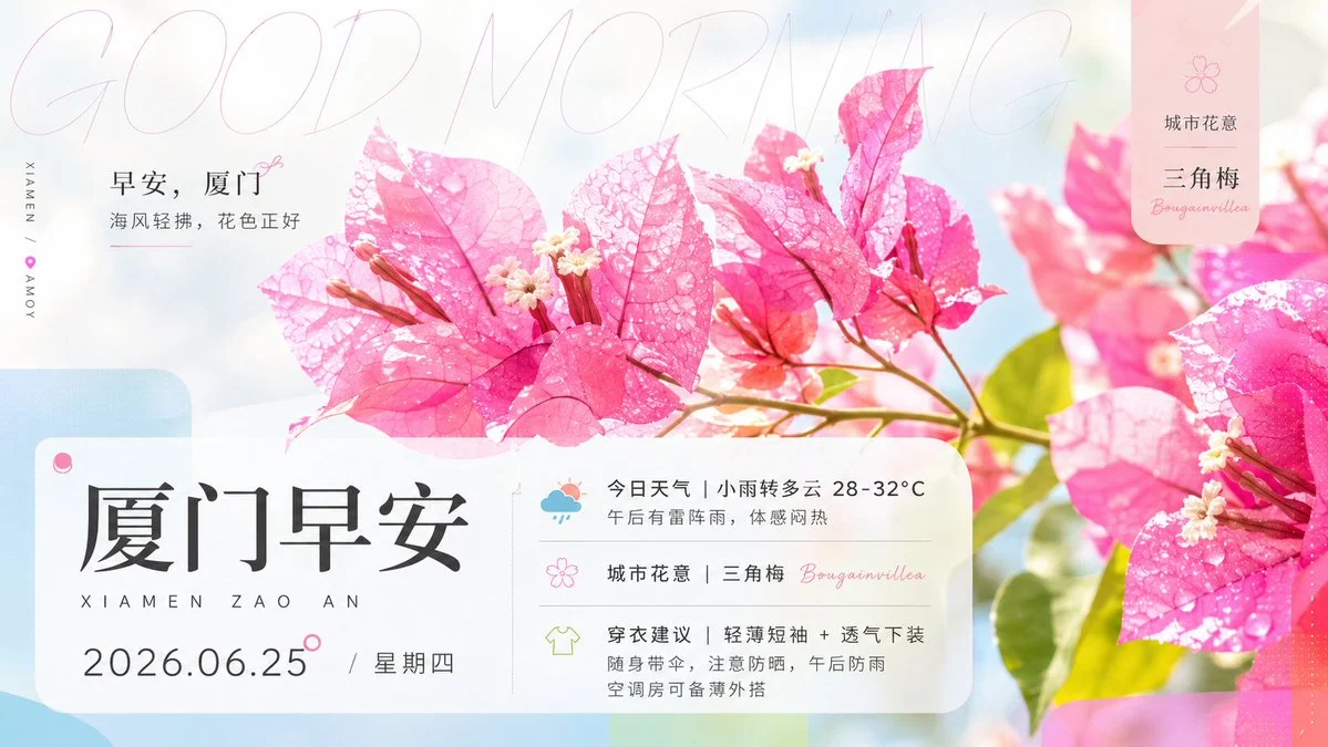 Xiamen Bougainvillea Morning Poster with scroll-ready composition, strong focal subject, and polished social post styling